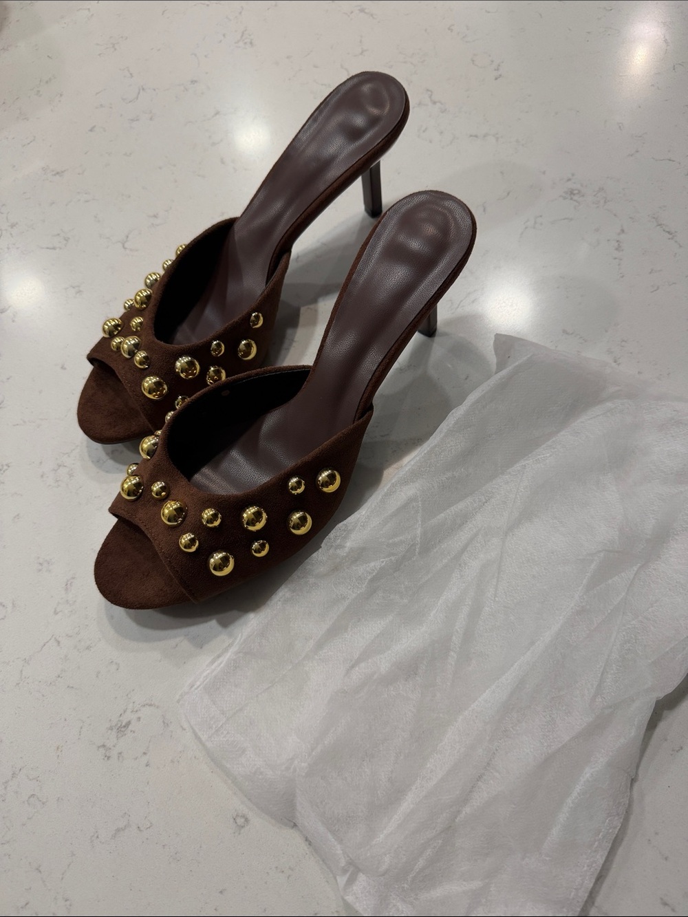 Brown Suede Studded Open-Toe Heels